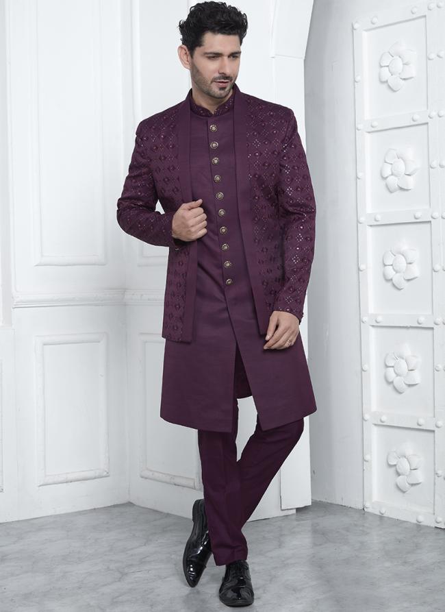 Art Silk Magenta Wedding Wear Pattern Pc Readymade Sherwani